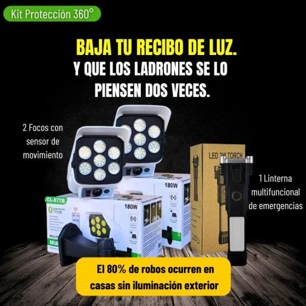 KIT PROTECCIÓN - 2 FOCOS SOLARES + 1 LINTERNA EXTREMA